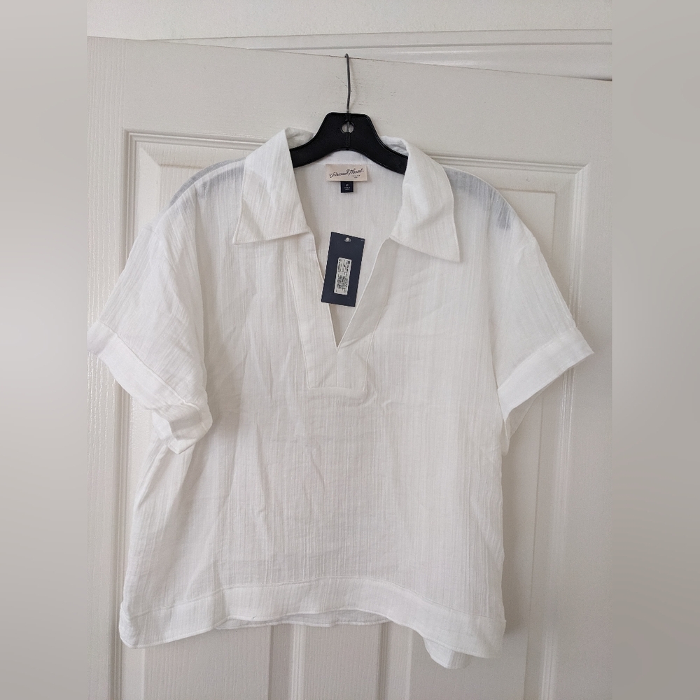White Short Sleeve Collared Blouse Gauze
